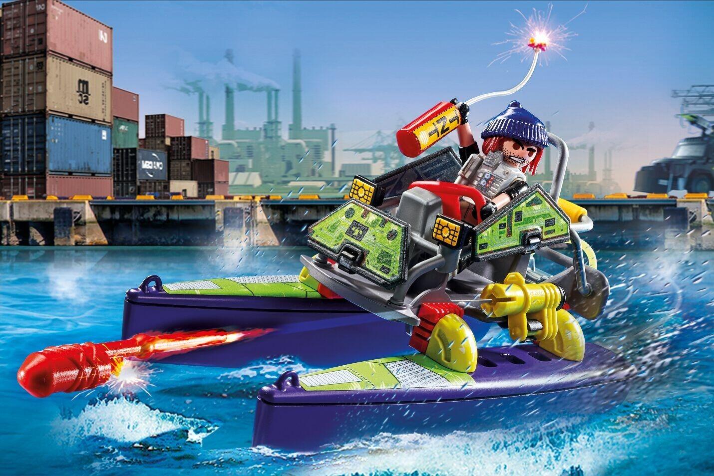 Playmobil tactical police figure riding quad bike across water on detachable floats
