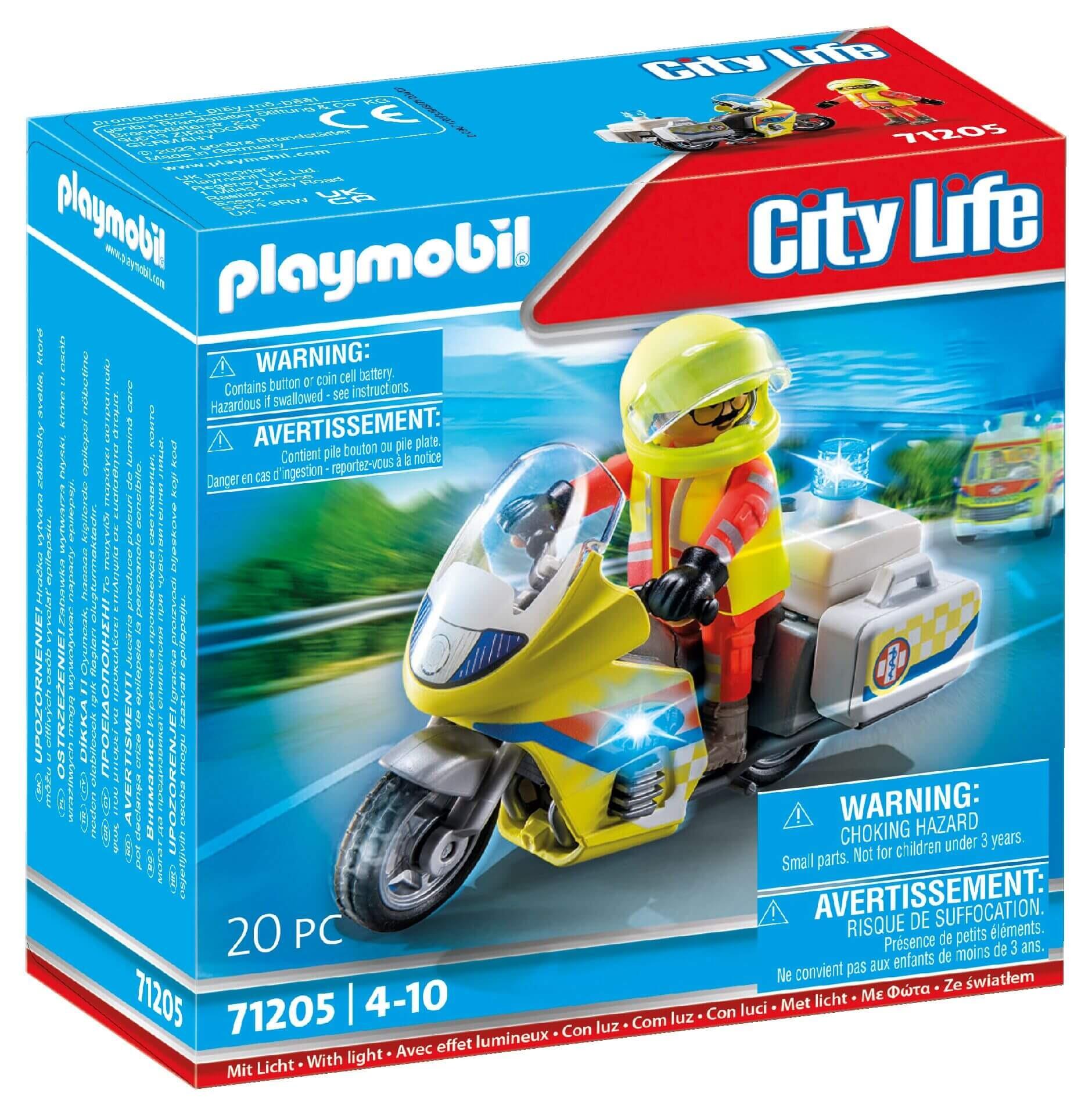 Playmobil 71205 Rescue Motorcycle toy box with paramedic figure on bike
