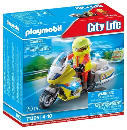Playmobil 71205 Rescue Motorcycle toy box with paramedic figure on bike