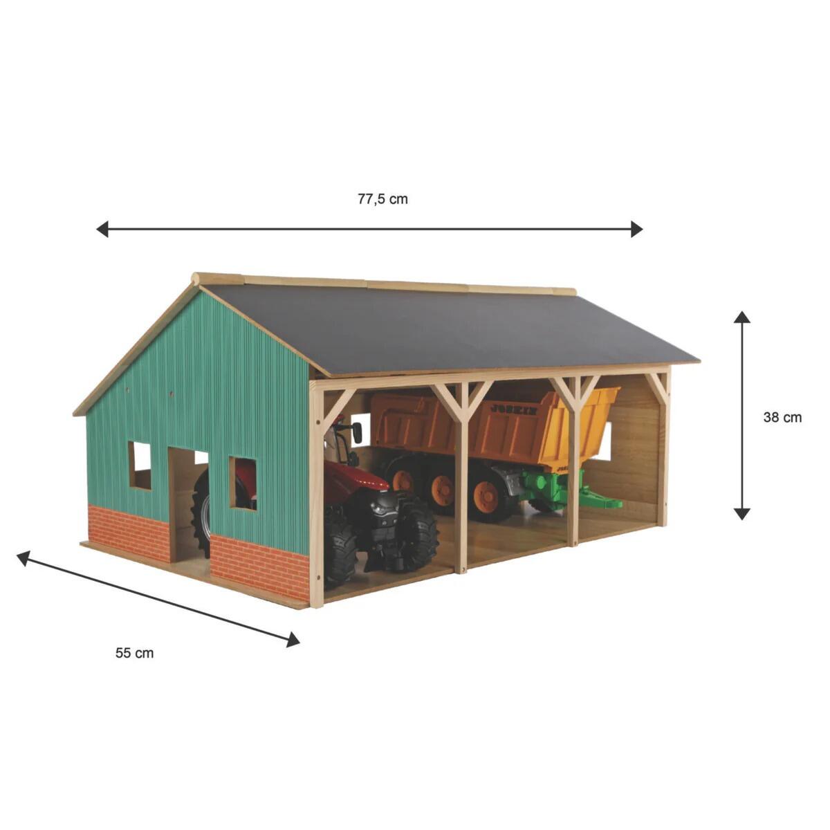 Kids Globe wooden farm shed for 1:16 scale tractors - view with measurements shown.