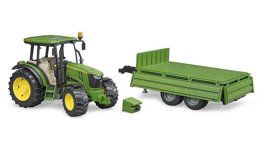Bruder John Deere 5115M tractor with tipping trailer detached and accessories shown