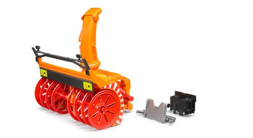 Bruder 1:16 scale snowblower attachment shown at an angle, red and yellow toy snowblower for Bruder vehicles