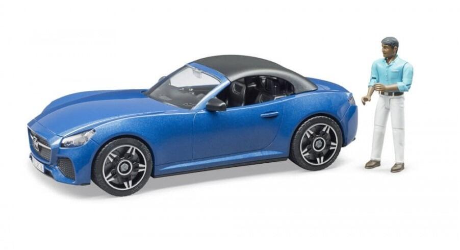 Side view of Bruder blue Roadster toy car with driver figure – 1:16 model