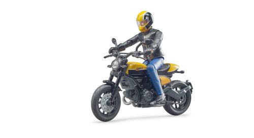 Bruder Ducati Scrambler motorcycle with rider figure on road