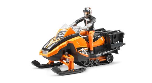 Bruder Snowmobile with Driver and Accessories – front angle view showing figure riding 1:16 scale snowmobile toy