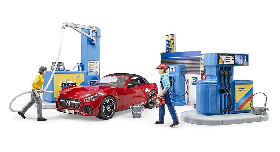 Bruder Petrol Station and Car Wash showing car wash in action with rotating brushes.