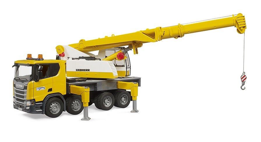 Crane truck with long boom extended horizontally and hook lowered slightly