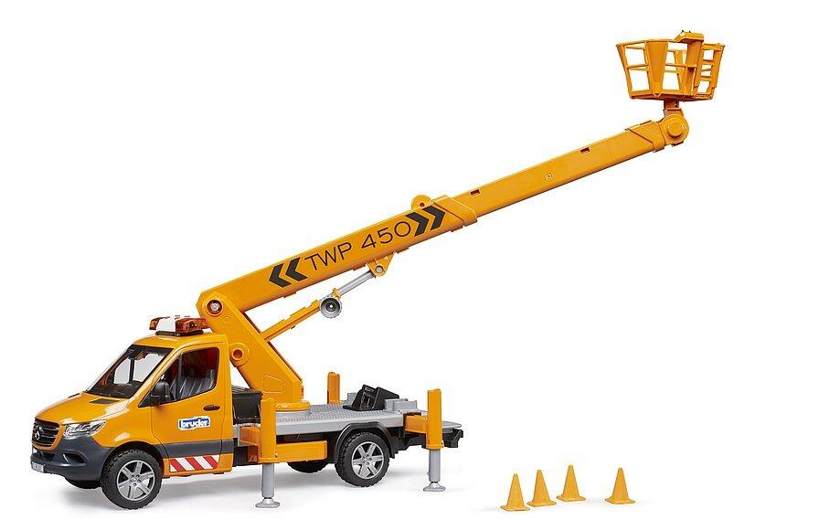 Yellow Mercedes-Benz Sprinter with articulated boom arm and work basket extended