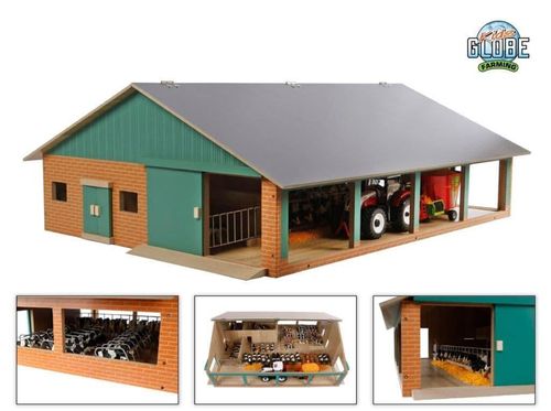 Image collage showing the Kids Globe 1:32 cattle shed with milking parlour, including exterior views and the detailed interior
