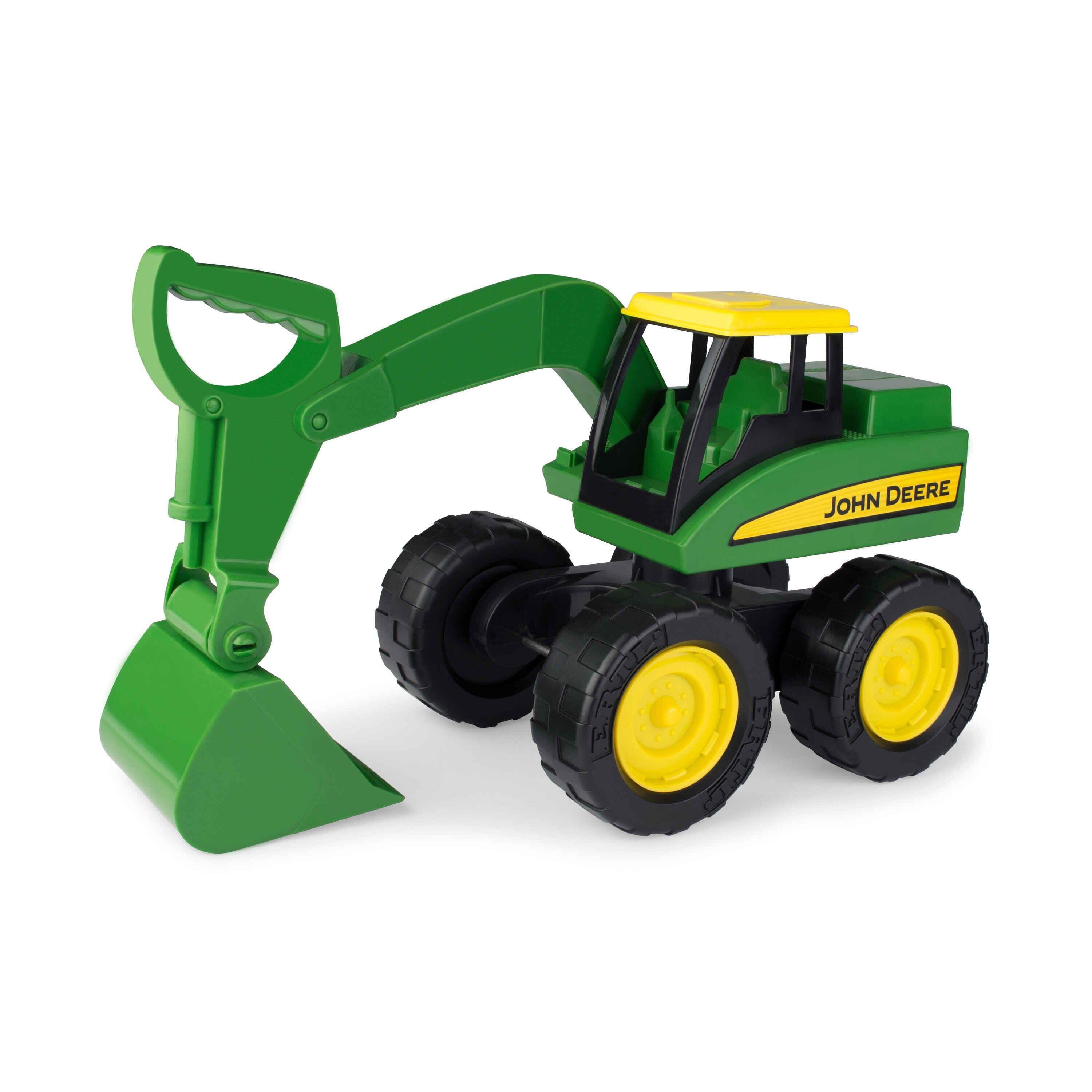 John Deere kids’ Big Scoop excavator toy in green and yellow photographed on a white background.