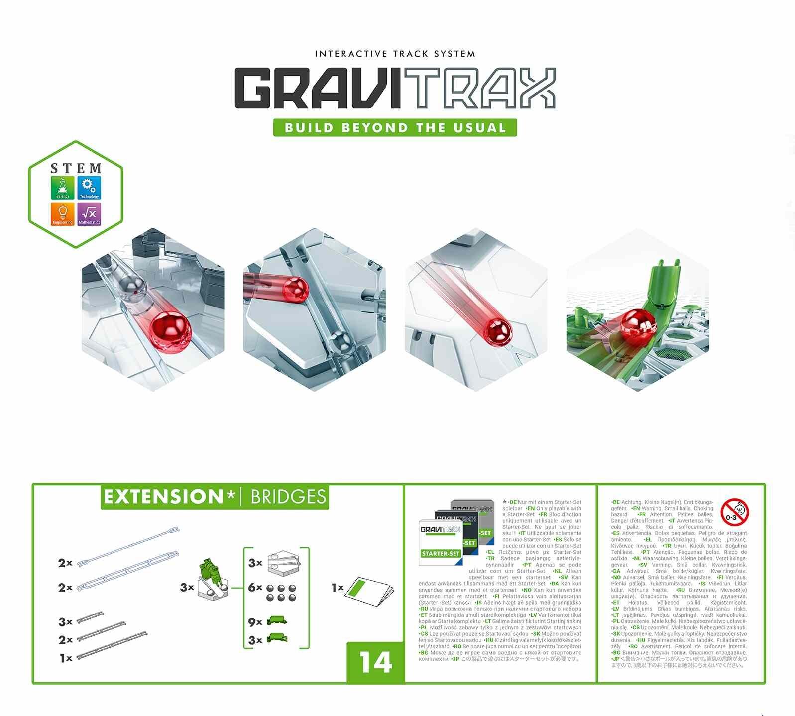 Back of the GraviTrax Bridges Pack box showing bridge features and included components
