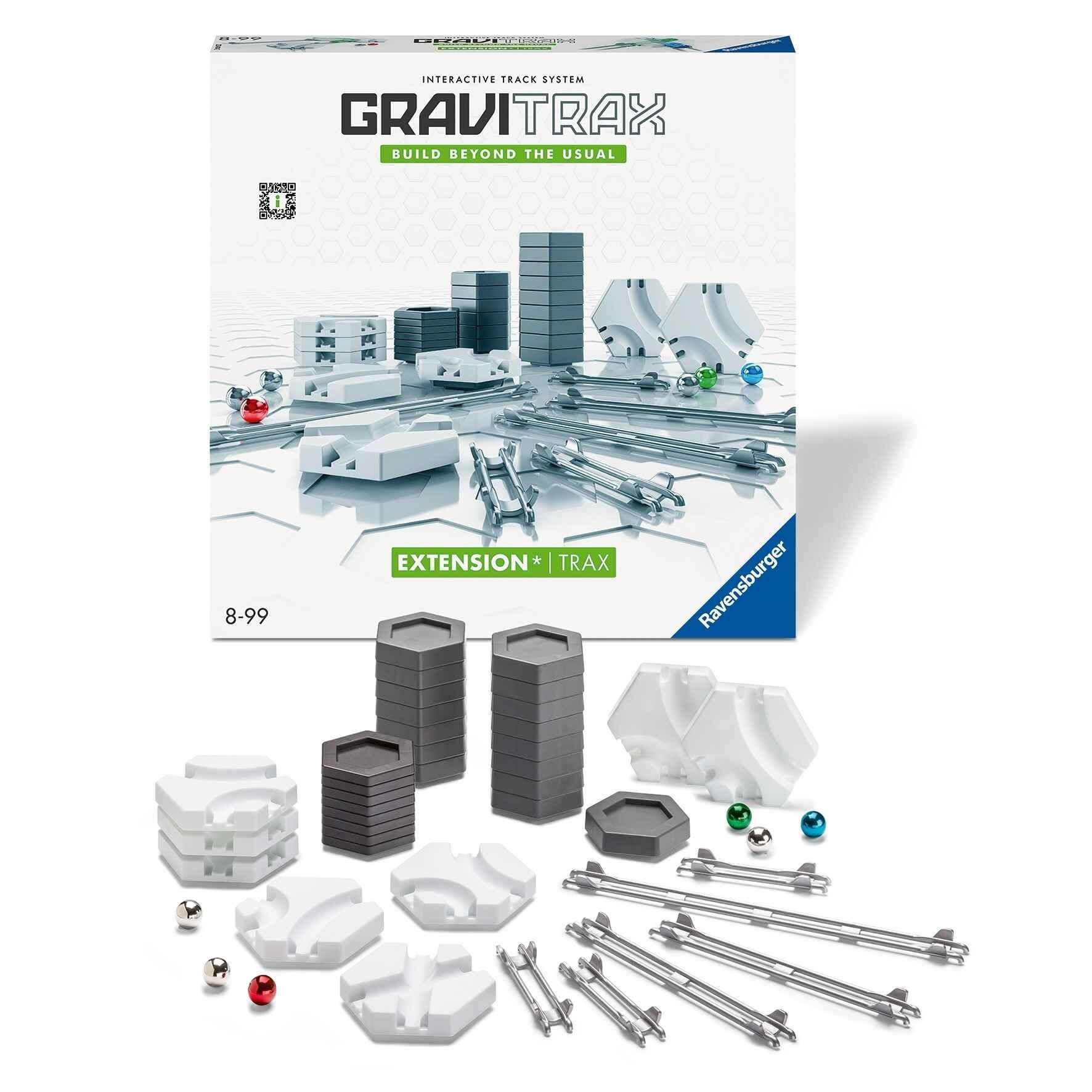 GraviTrax Trax Pack box with track pieces, tiles, risers, and marbles displayed in front