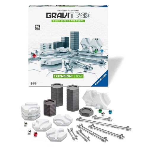 GraviTrax Trax Pack box with track pieces, tiles, risers, and marbles displayed in front
