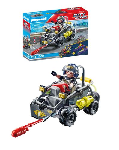 Playmobil tactical quad bike with police figure riding and accessory pack shown in corner