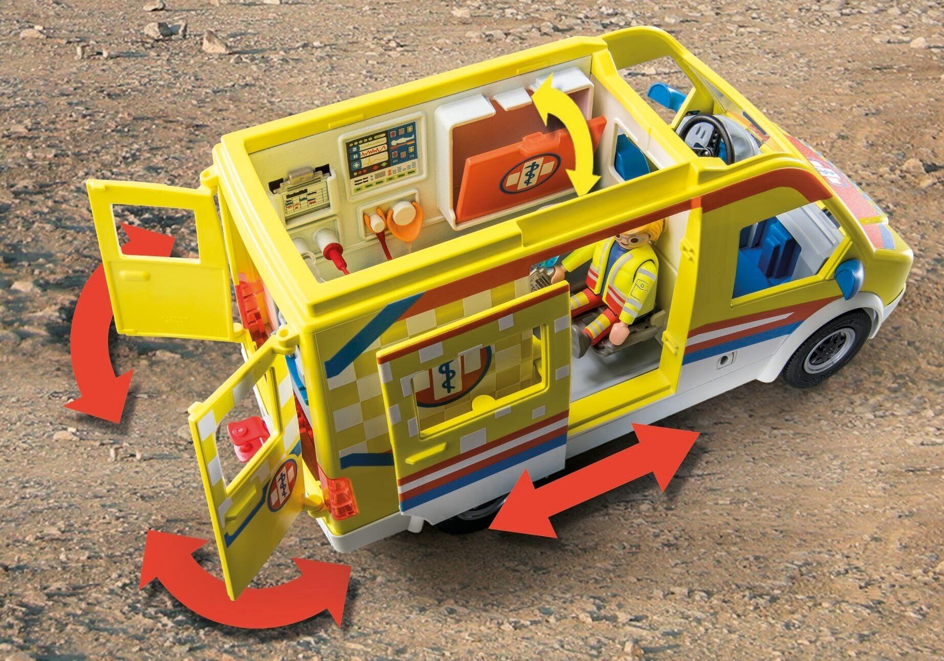 Detailed interior of PLAYMOBIL ambulance showing medical equipment and stretcher