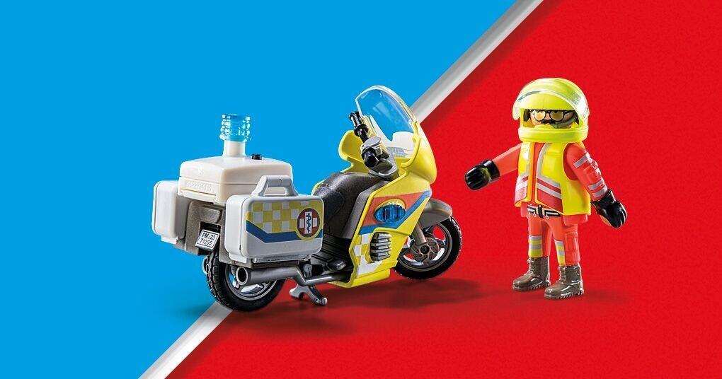 Playmobil rescue motorcycle and paramedic figure on blue and red background