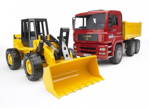 Bruder MAN TGA construction truck with FR 130 articulated road loader parked in front with raised bucket