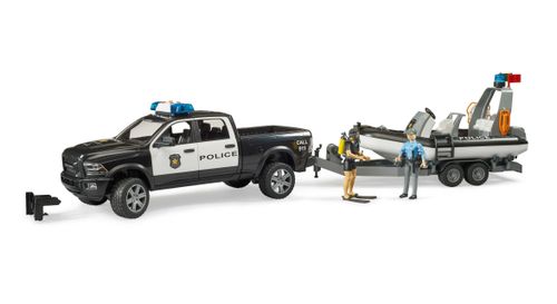 Bruder RAM 2500 police pickup towing a trailer with police rescue boat and figure – 1:16 scale toy set