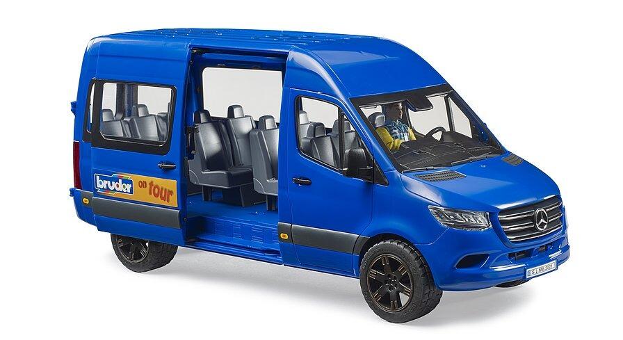 Blue Sprinter Transfer toy van with all side doors open showing interior seating