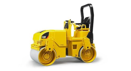 CAT asphalt drum compactor toy with yellow body on white background