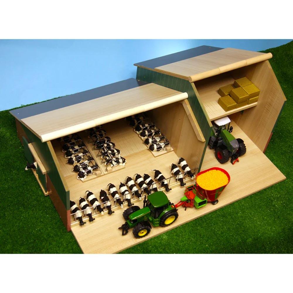 Kids Globe cattle and machinery shed top down view with lifted roof revealing the interior, cows, and farming accessories at 1:32 scale.