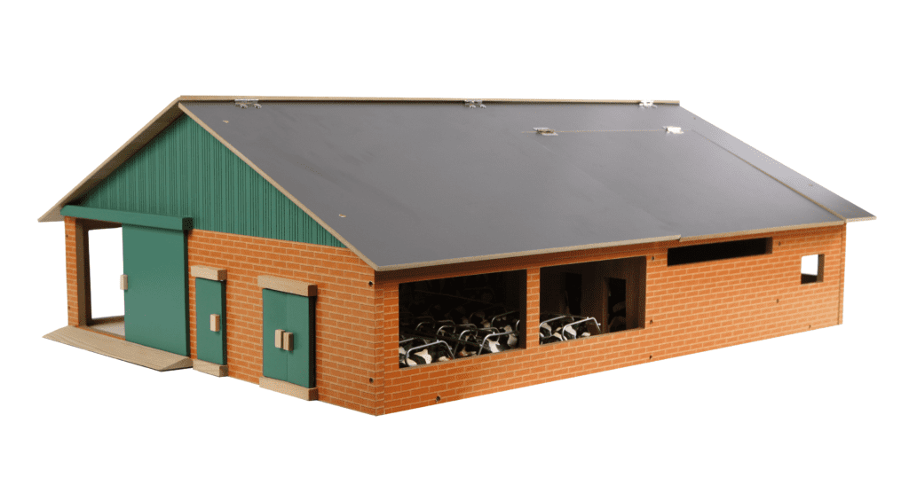 Kids Globe 1:32 cattle shed with milking parlour, shown from the front with green walls and open shelter area.