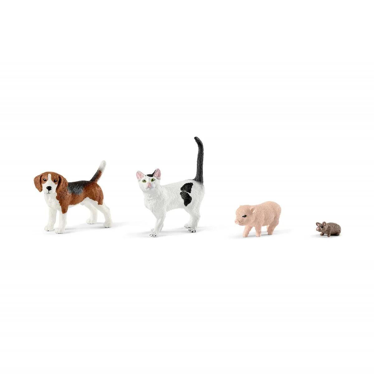 Schleich dog, cat, piglet and mouse figures from the Large Farm House playset.