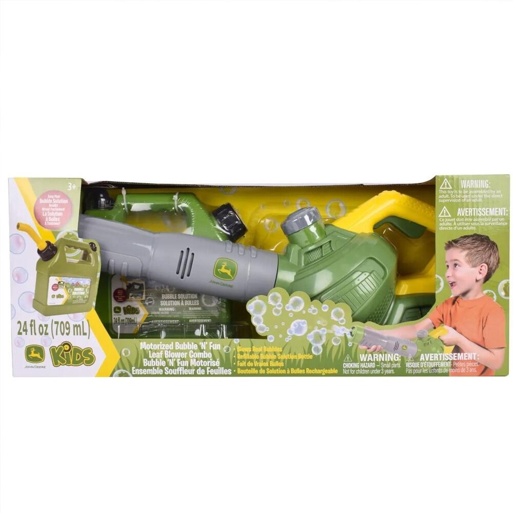 John Deere bubble leaf blower toy and refill can shown inside retail packaging.