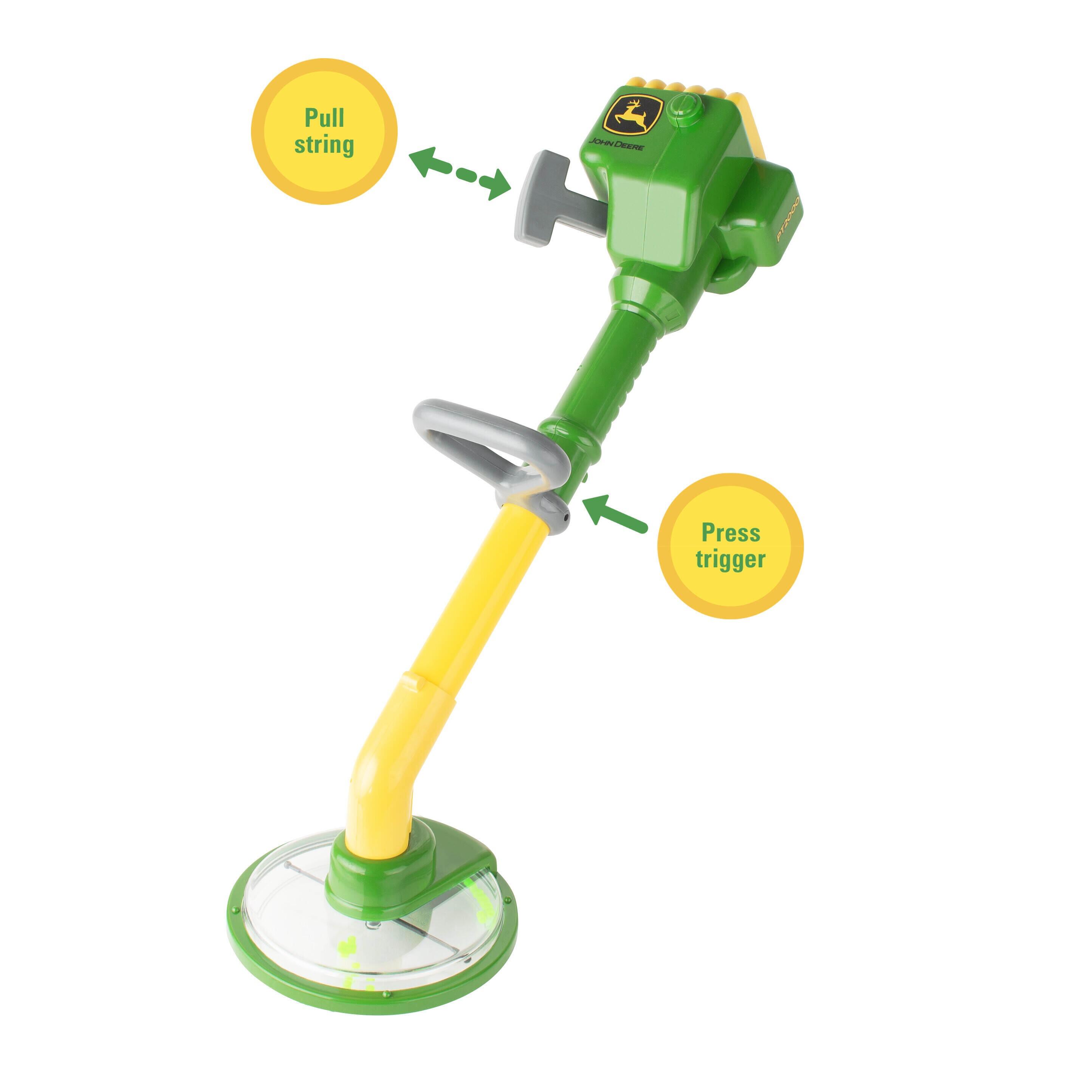 John Deere kids’ toy power trimmer shown upright with labelled features on a white background.