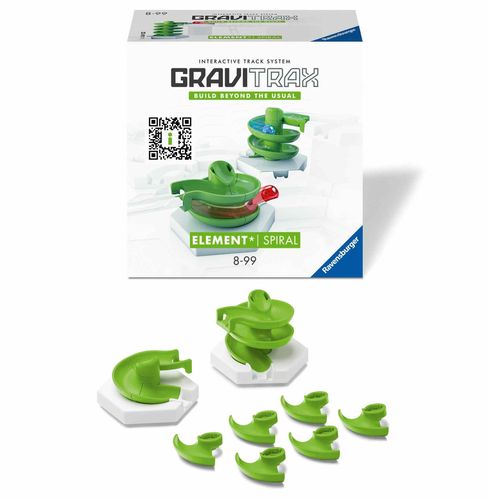 GraviTrax Spiral Element box with green spiral pieces, base tiles, and connectors displayed in front
