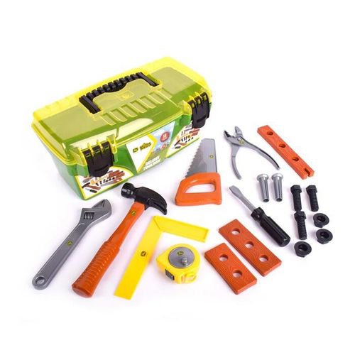 John Deere Deluxe Tool Box with toy tools laid out