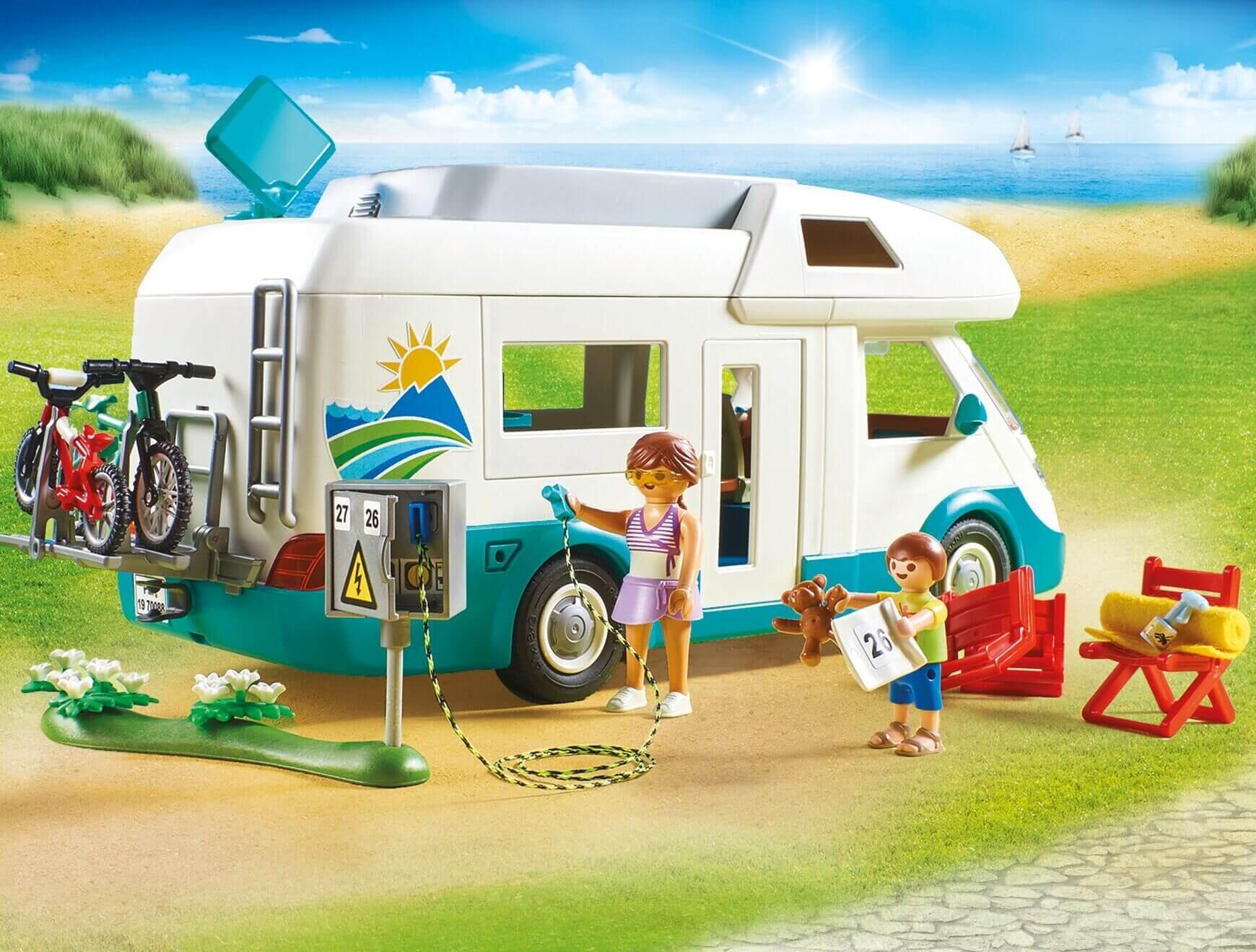 Playmobil Family Camper toy with accessories and figures displayed outdoors
