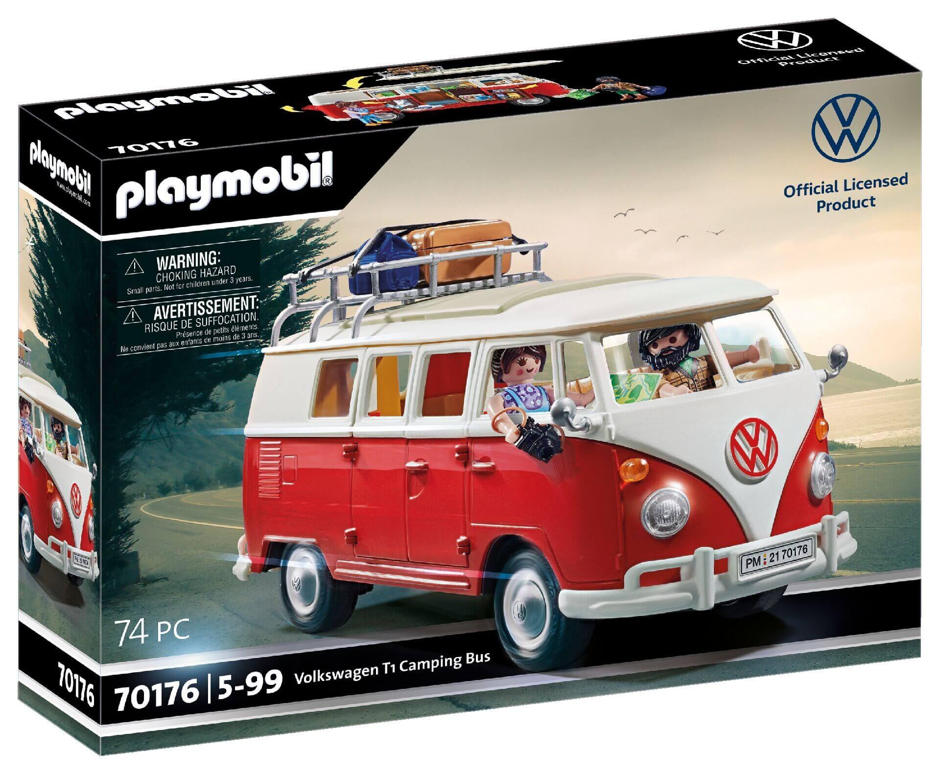 Playmobil Volkswagen T1 Camping Bus 70176 box showing the red and white VW camper van