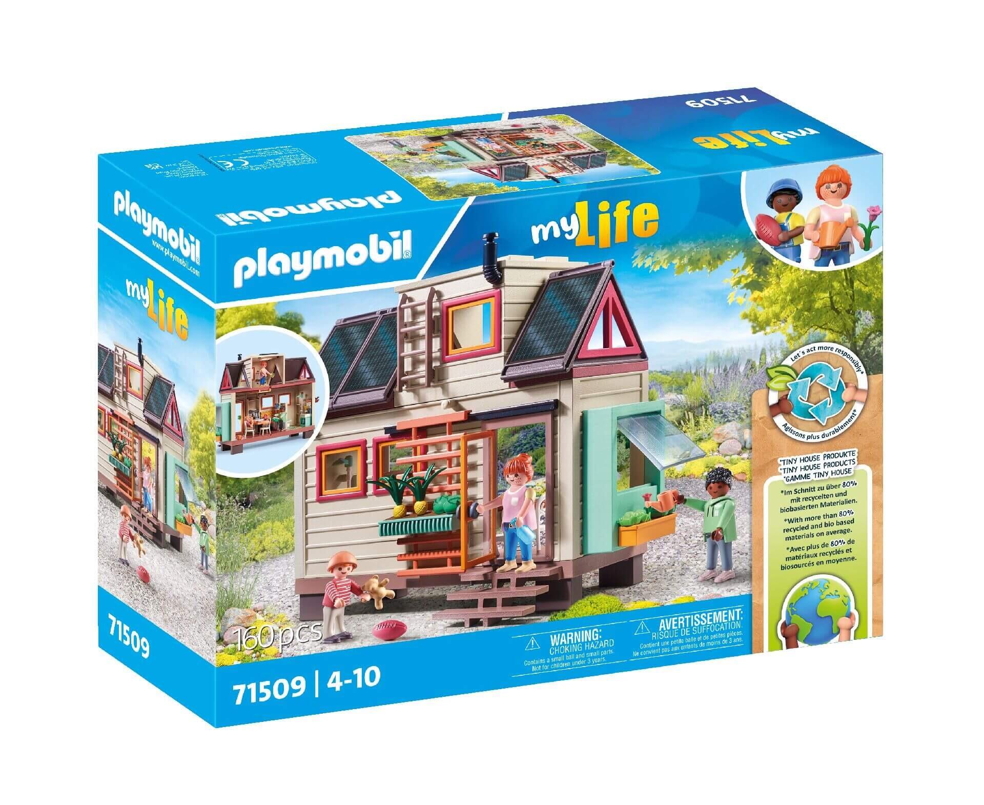 PLAYMOBIL Tiny House 71509 boxed packaging featuring the mobile home and holiday playset artwork.
