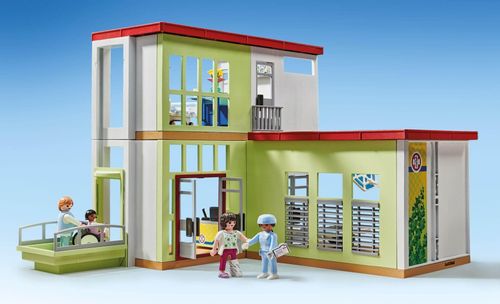 Playmobil Modern Hospital exterior partial front view with figures at entrance