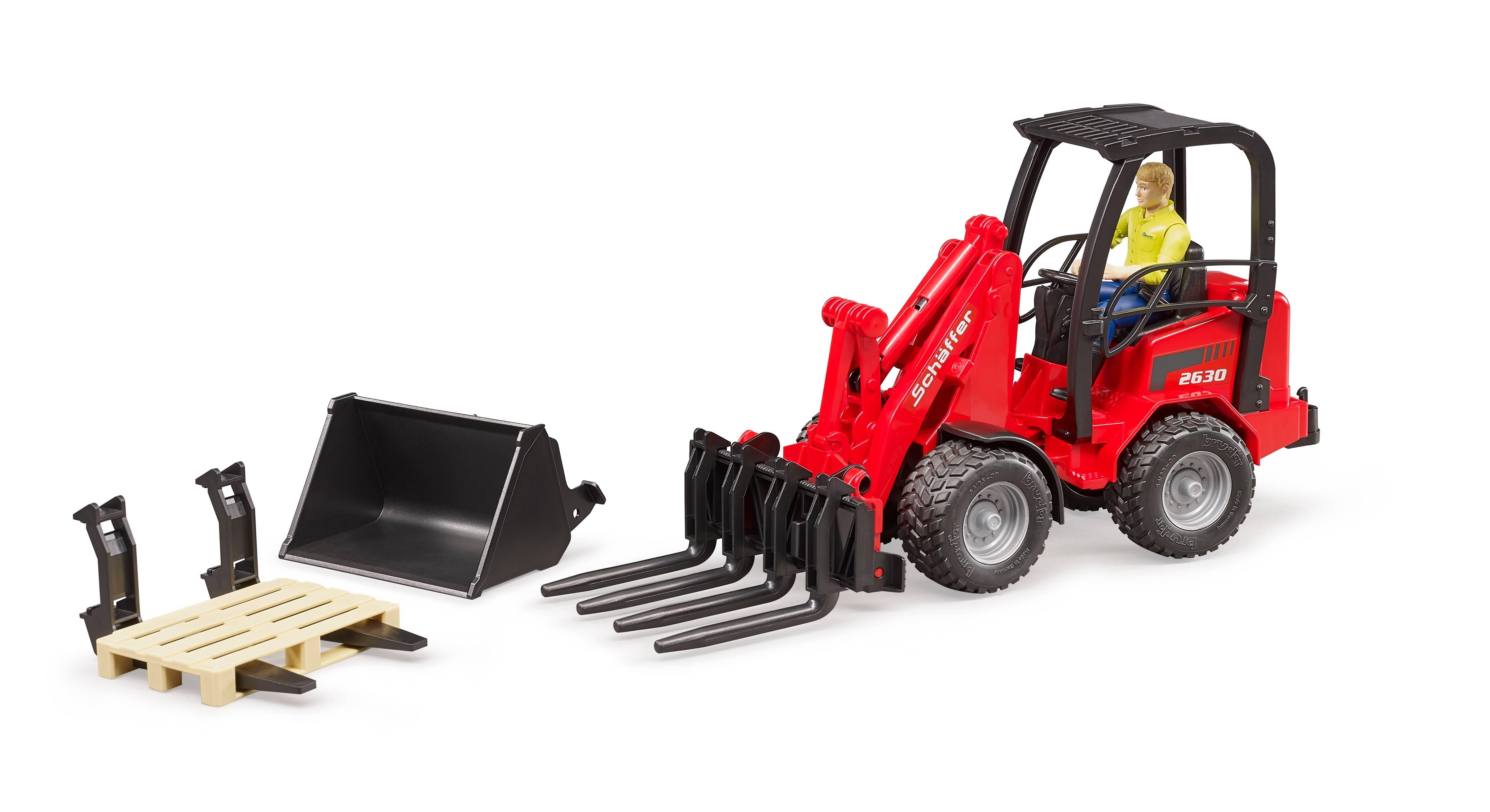Schäffer Compact Loader 2034 with operator figure, pallet forks, and round forks