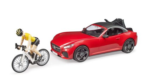 Bruder Roadster toy car with racing bicycle and cyclist figure – front view