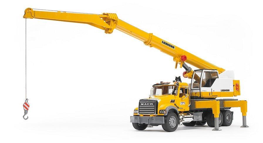 Side view of Bruder MACK Granite Liebherr Crane Truck with raised crane arm