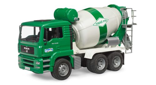 Bruder MAN TGA cement mixer truck in green and white – 1:16 scale construction toy