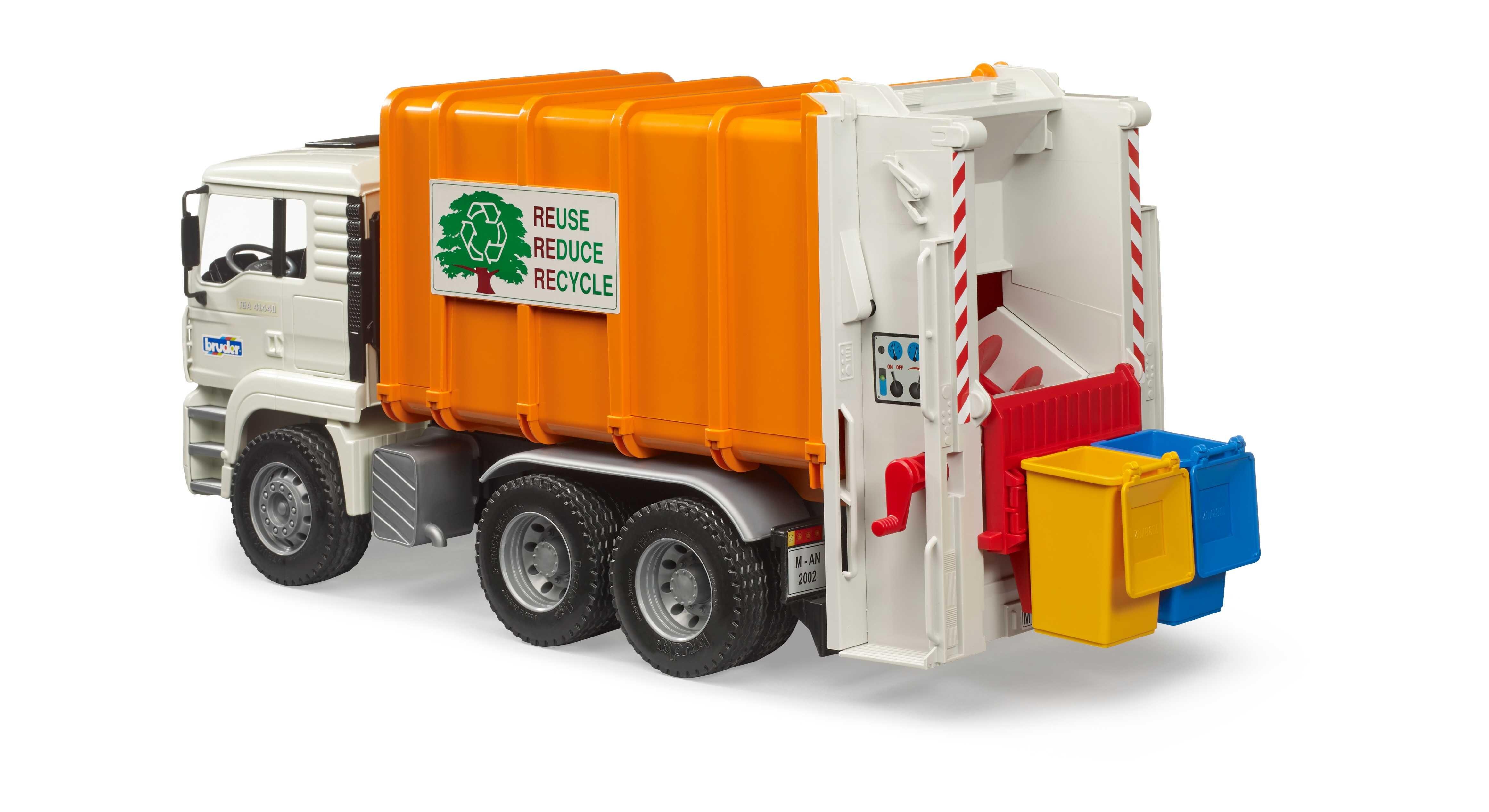 Orange rear-loading garbage truck toy with wheelie bins positioned at the lift mechanism