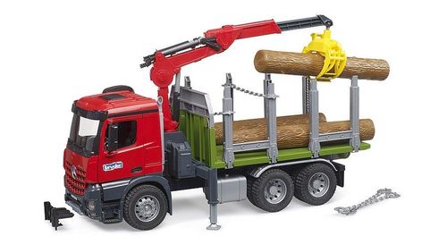 Bruder Mercedes-Benz Arocs Timber Truck lifting logs with red loading crane