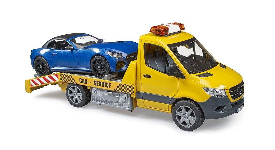 Yellow Mercedes-Benz Sprinter recovery toy truck carrying a blue toy roadster on the flatbed