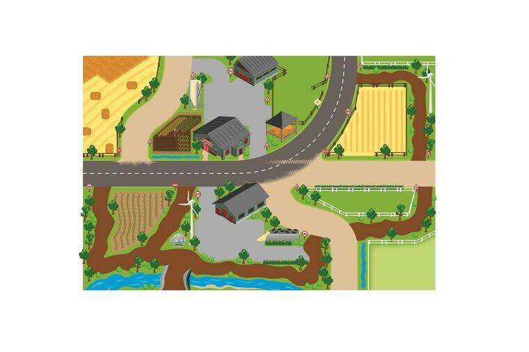 Kids Globe farm play mat with roads, fields, and farm buildings (top-down view)