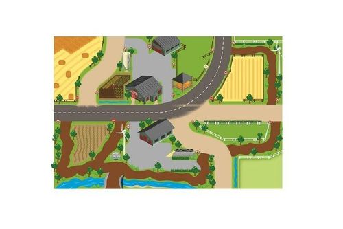 Kids Globe farm play mat with roads, fields, and farm buildings (top-down view)