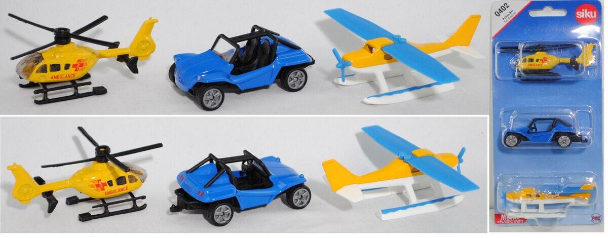 Siku 0402 Action Set vehicles displayed out of packaging including helicopter, buggy and airplane