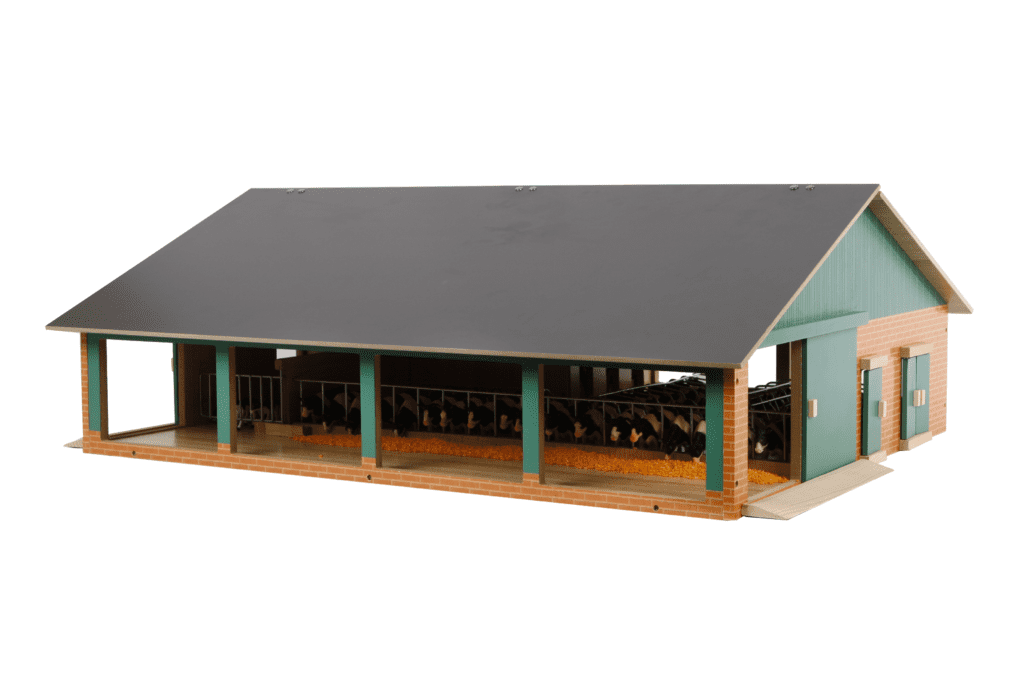 Side view of the Kids Globe cattle shed with milking parlour at 1:32 scale, showing the open cattle area.