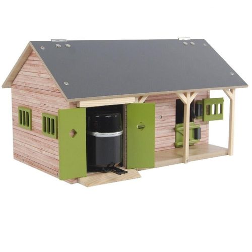Kids Globe 1:32 horse stable with two green stall doors and an open sheltered area on the right.