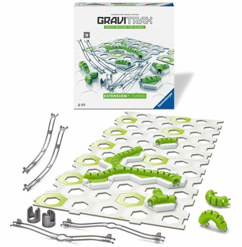 GraviTrax Tunnel Pack box with tunnel pieces, hidden track sections, and tiles displayed in front