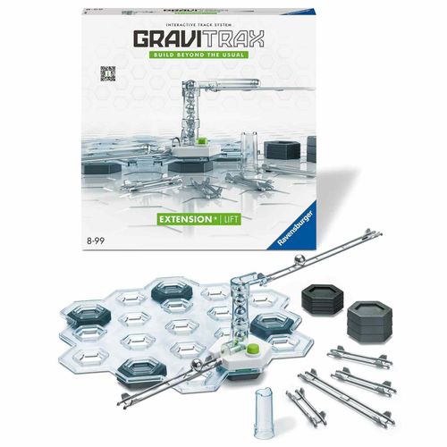 GraviTrax Lift Pack box with mechanical lift, track pieces, risers, and accessories displayed in front