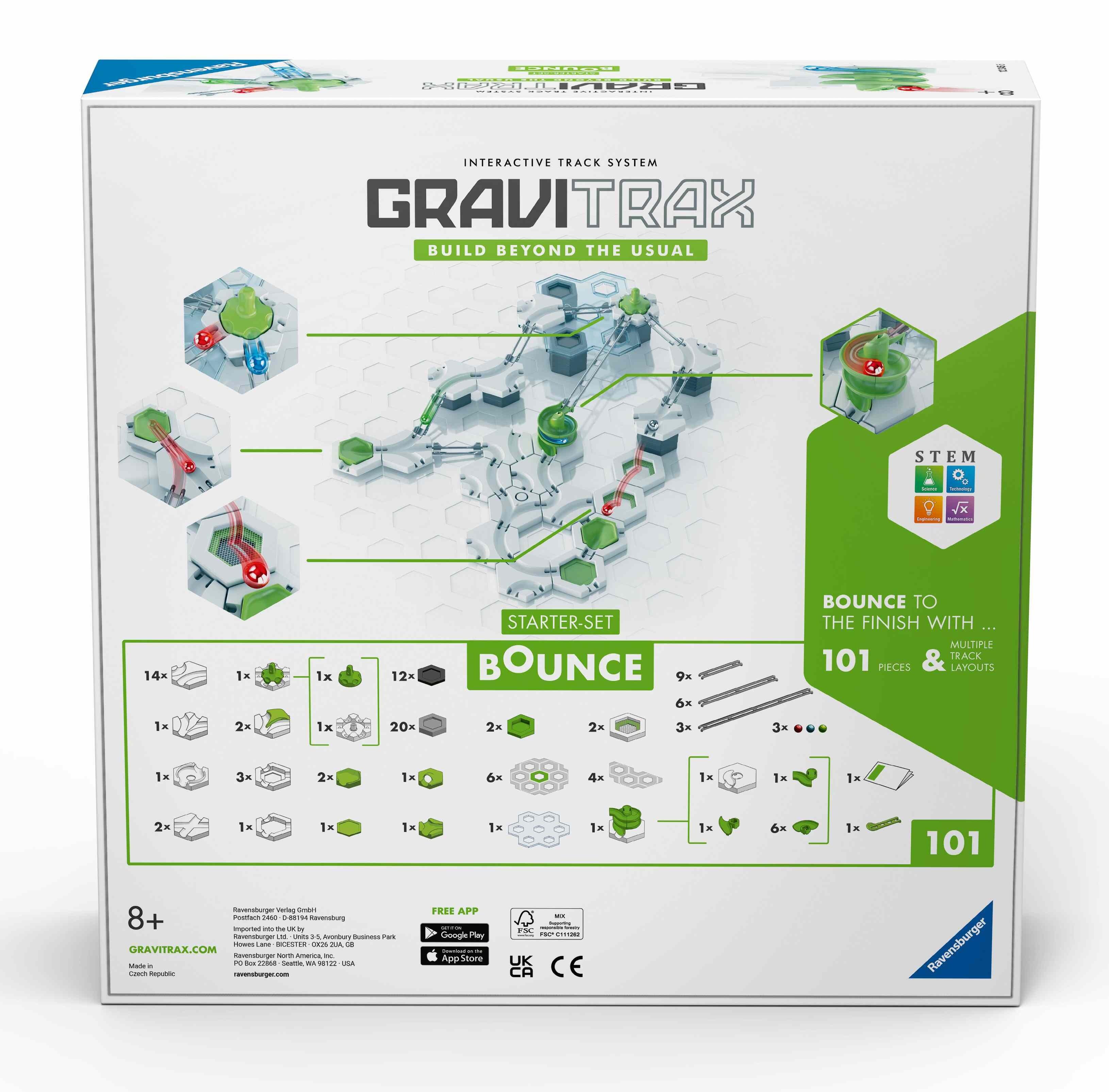 Back of the GraviTrax Starter Set Bounce box displaying components and track system features
